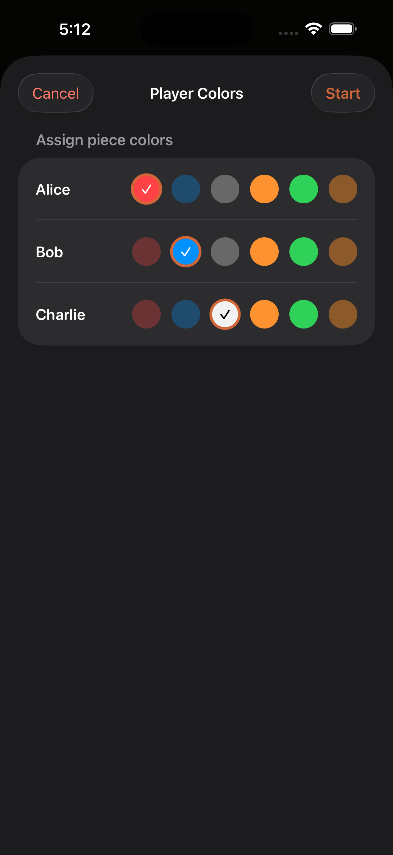 Player color selection for Catan