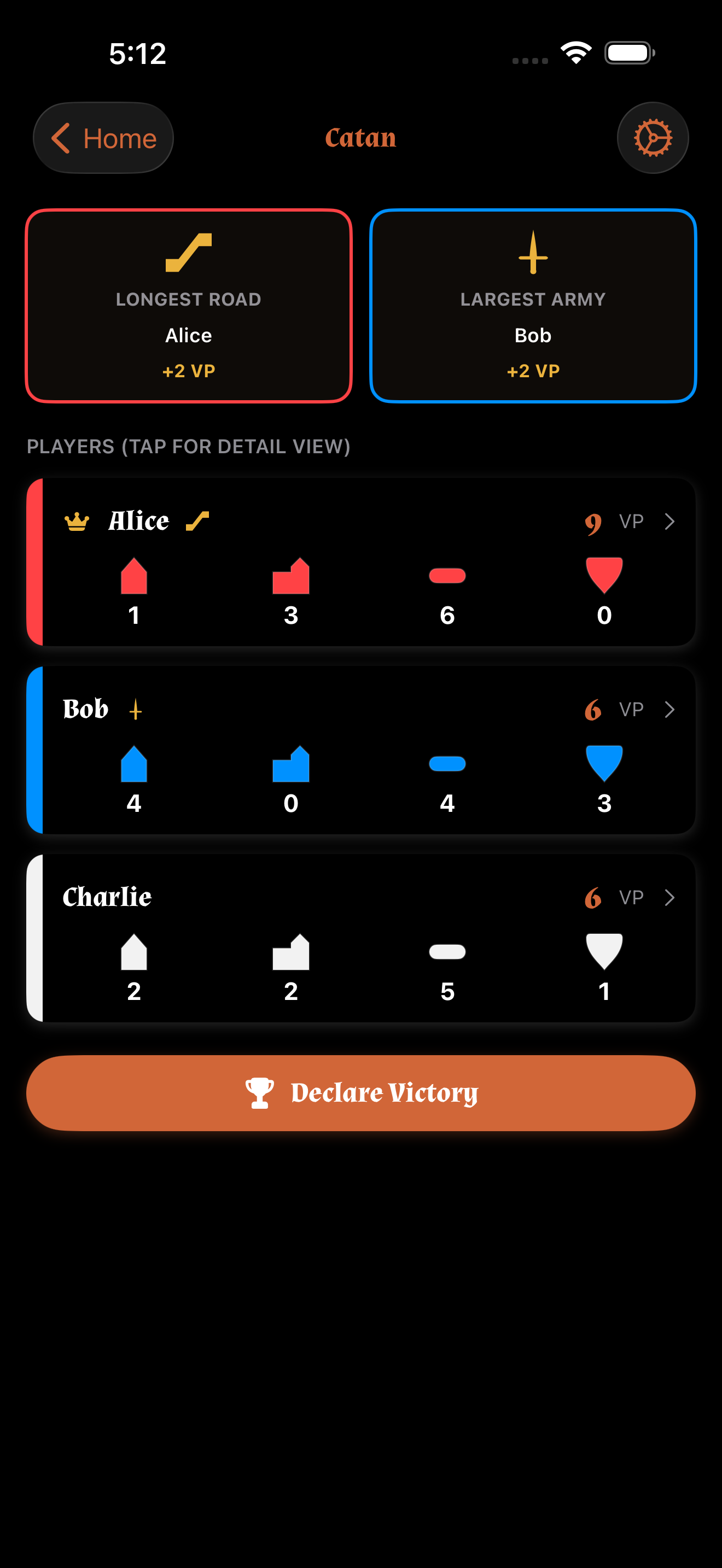 Catan score tracker showing victory points for each player