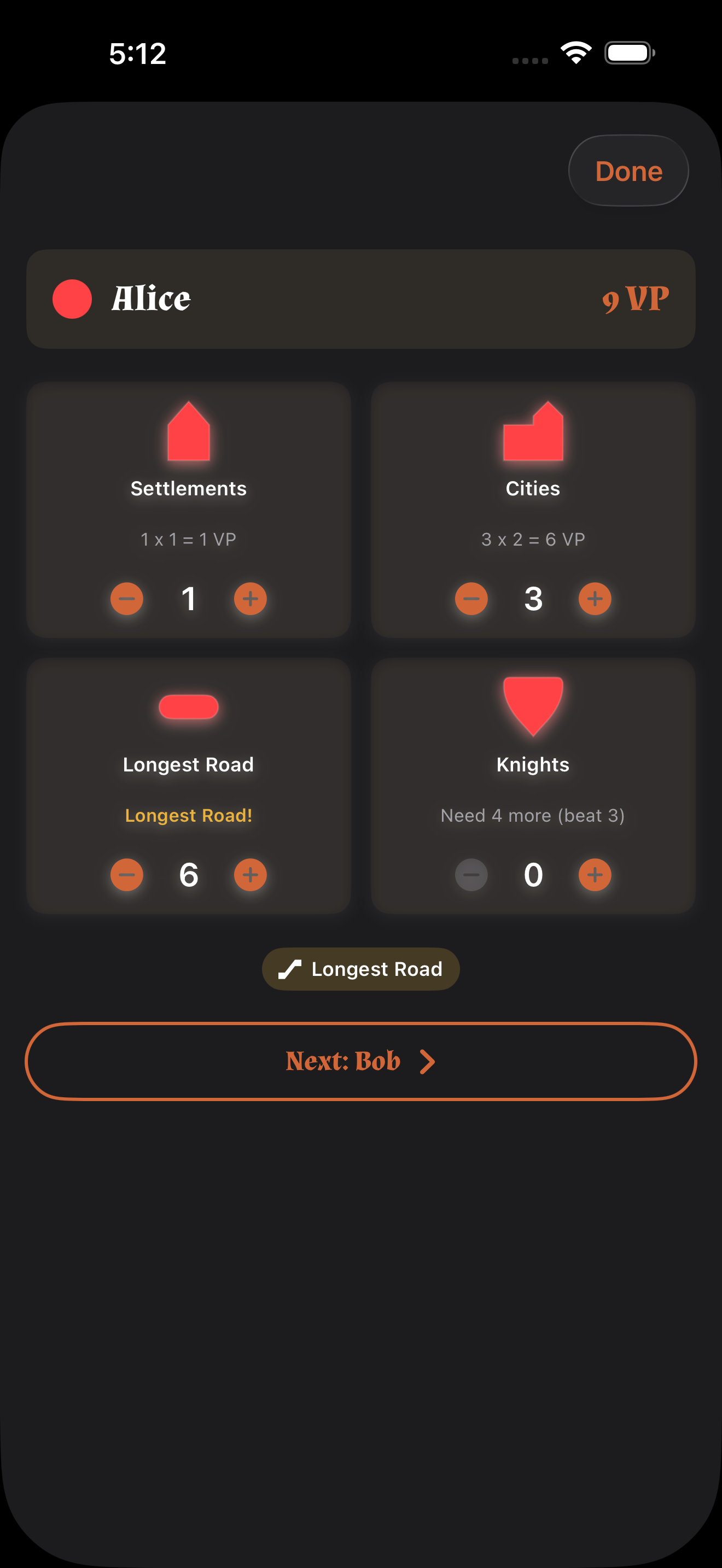Catan scoring breakdown with settlements, cities, and bonuses