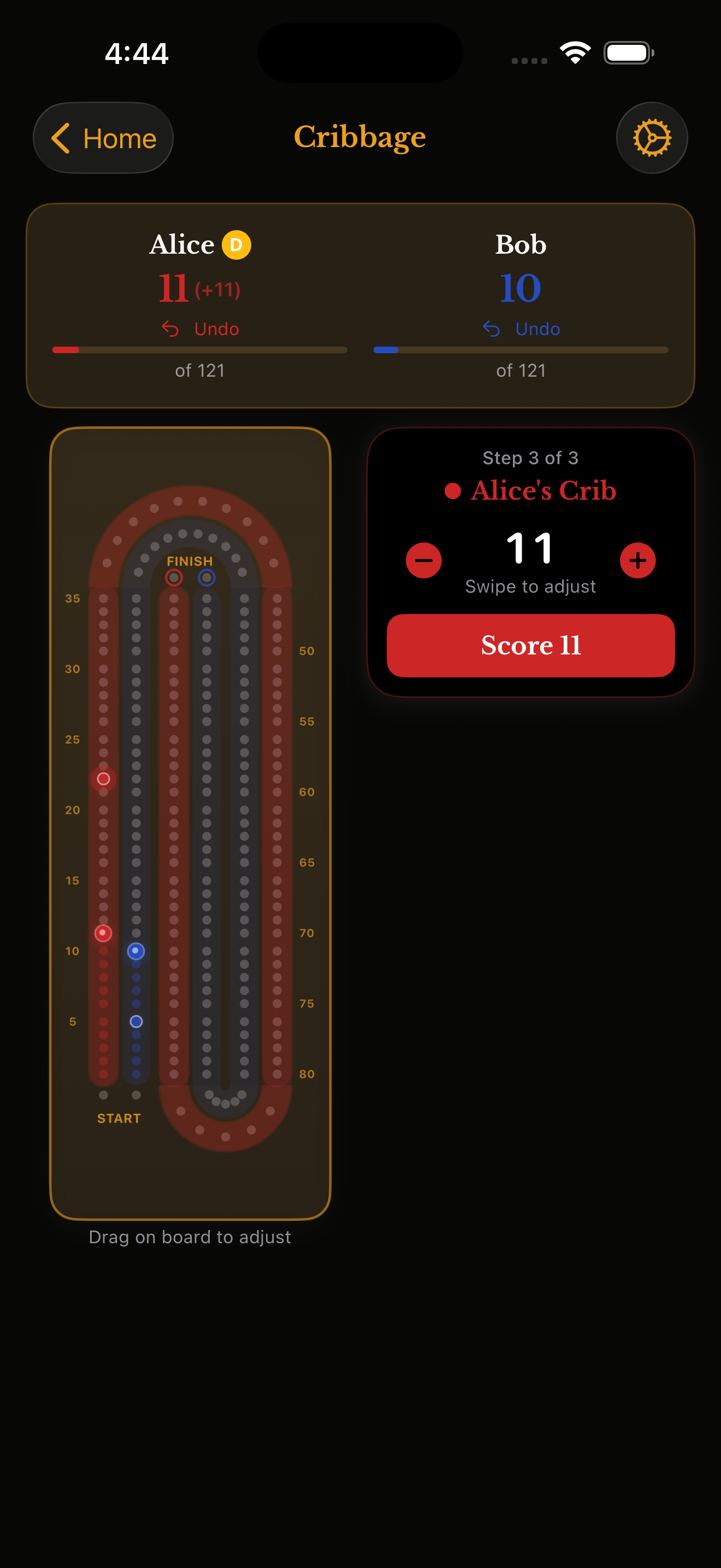 Cribbage crib scoring screen