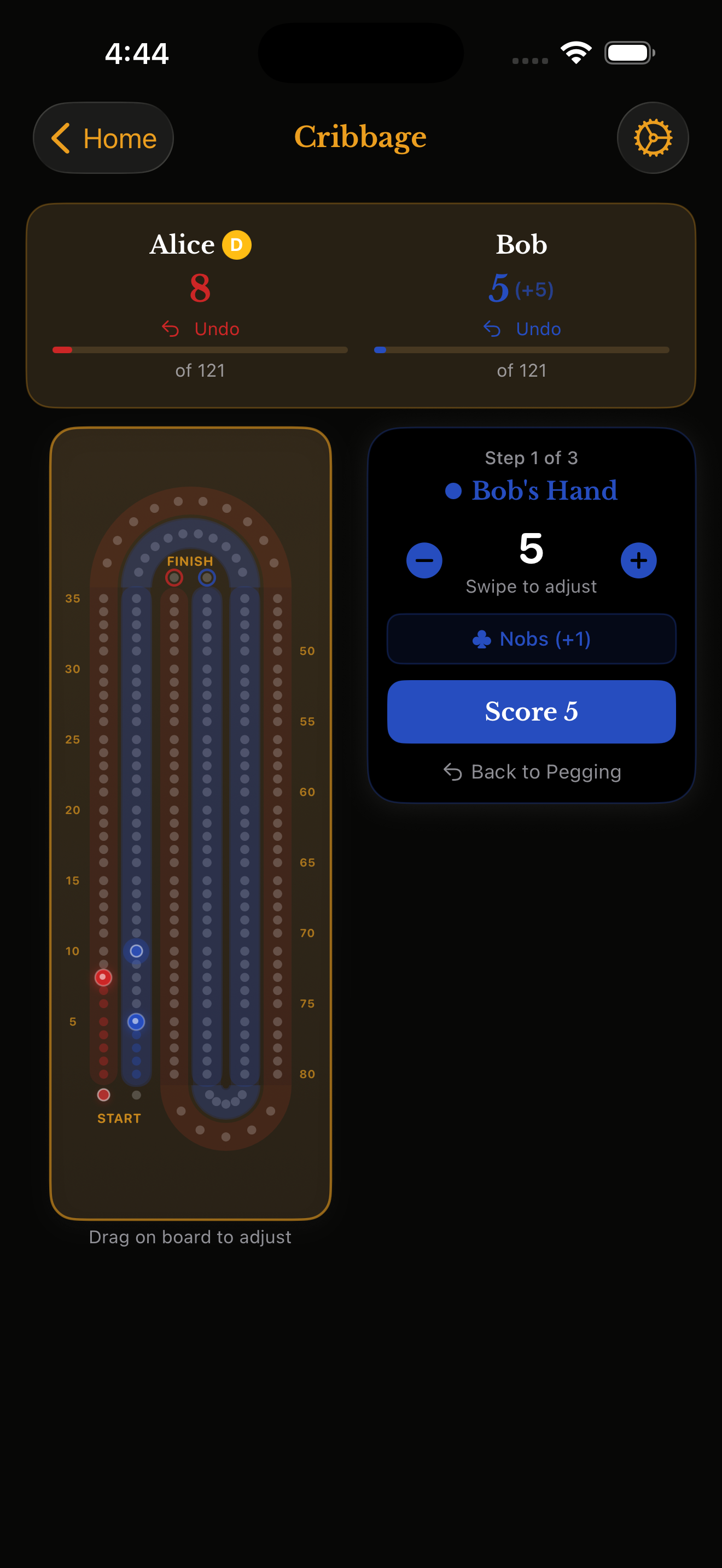 Cribbage hand counting screen