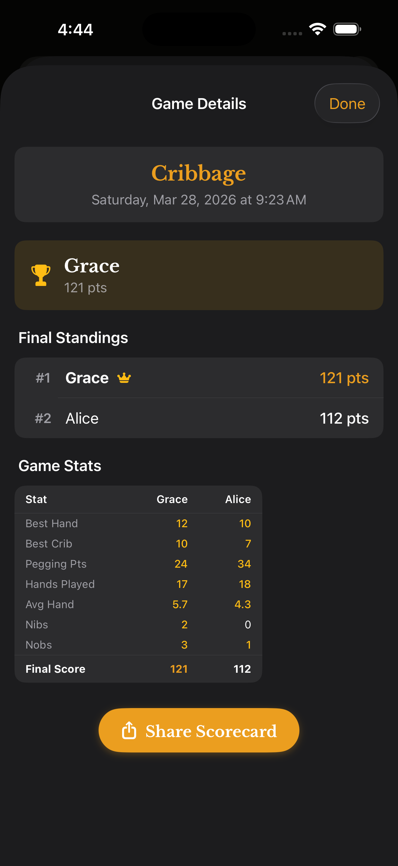 Cribbage game history and stats