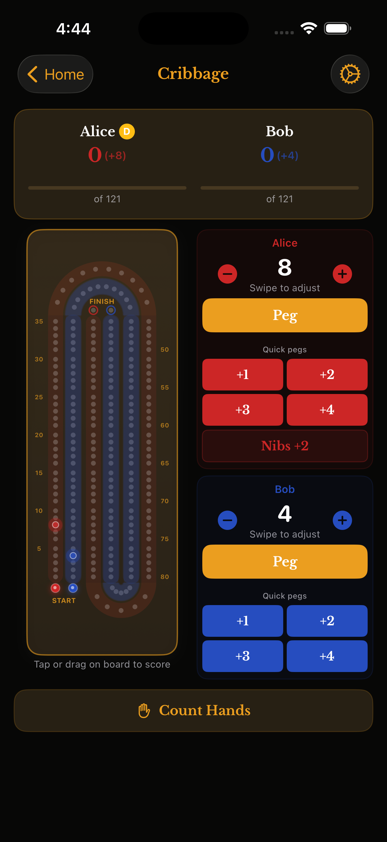 Cribbage digital pegboard in House Rules app