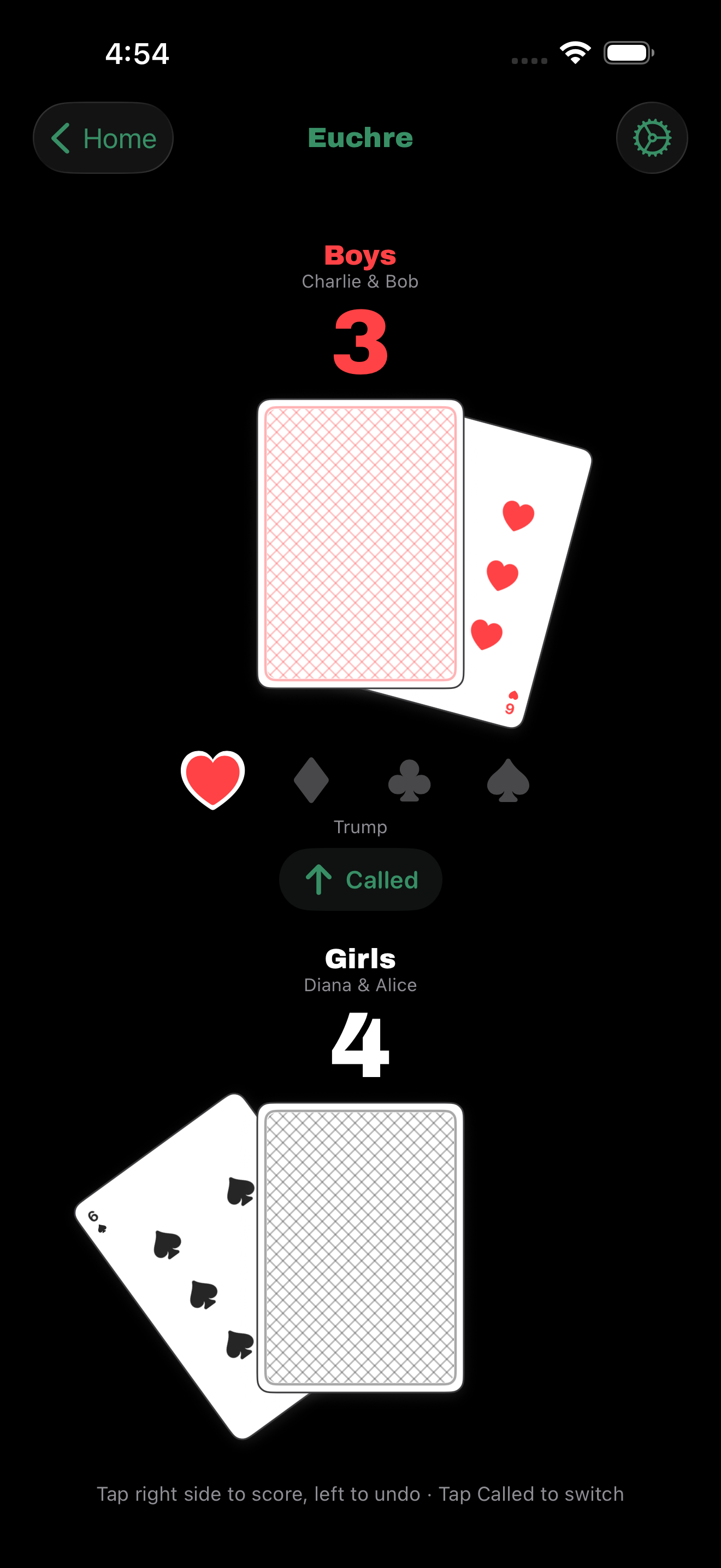 Euchre score tracker showing team scores and trump suit
