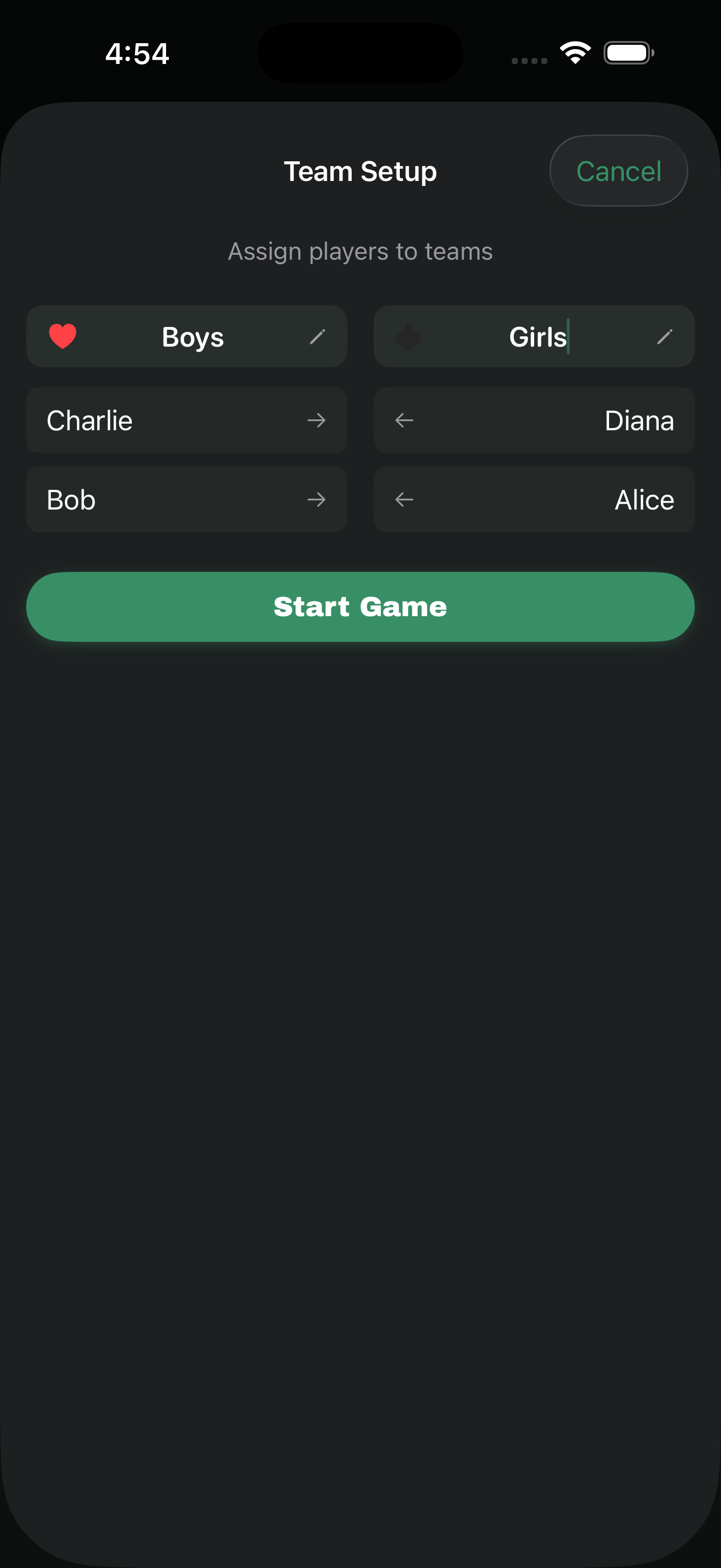 Euchre team setup with custom team names