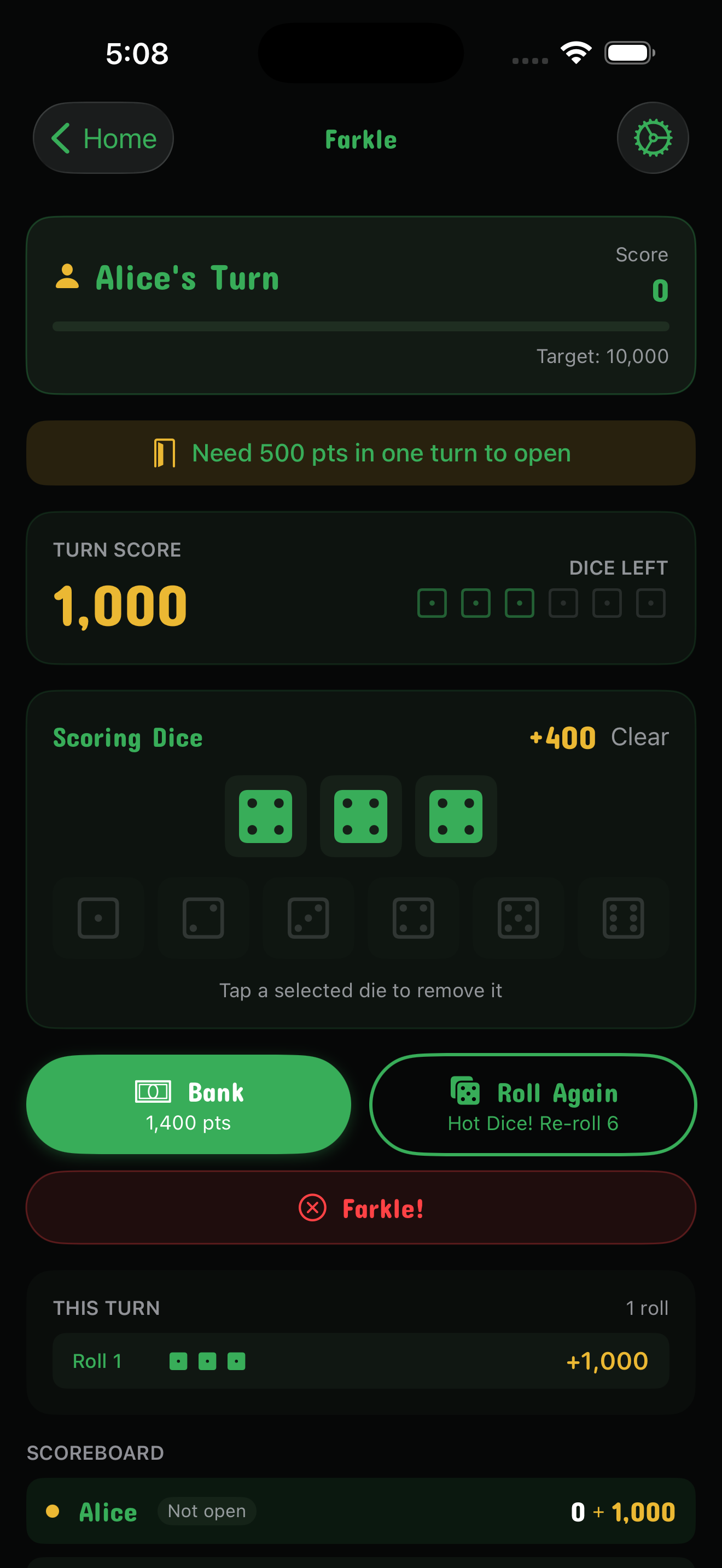 Farkle score tracker in House Rules app