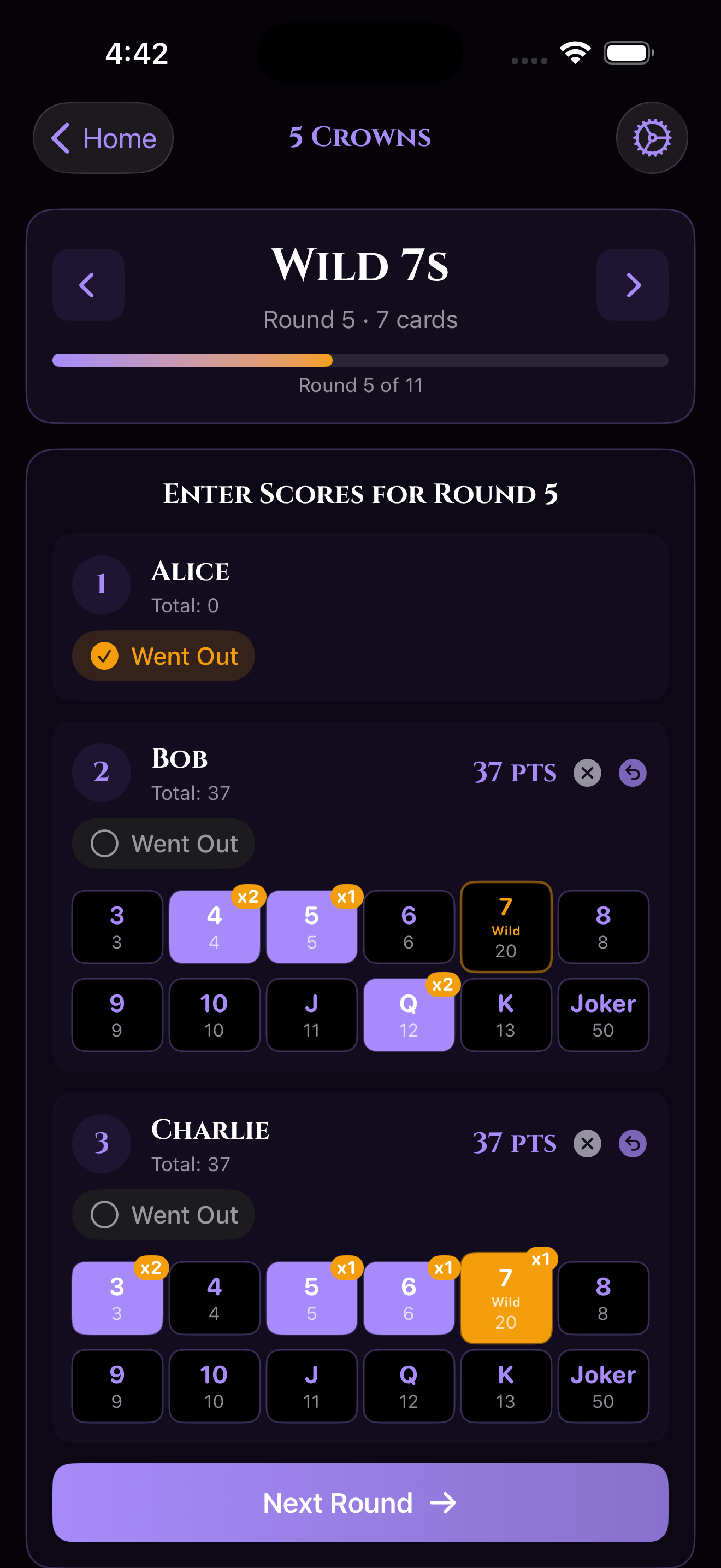 Five Crowns score tracker in House Rules app