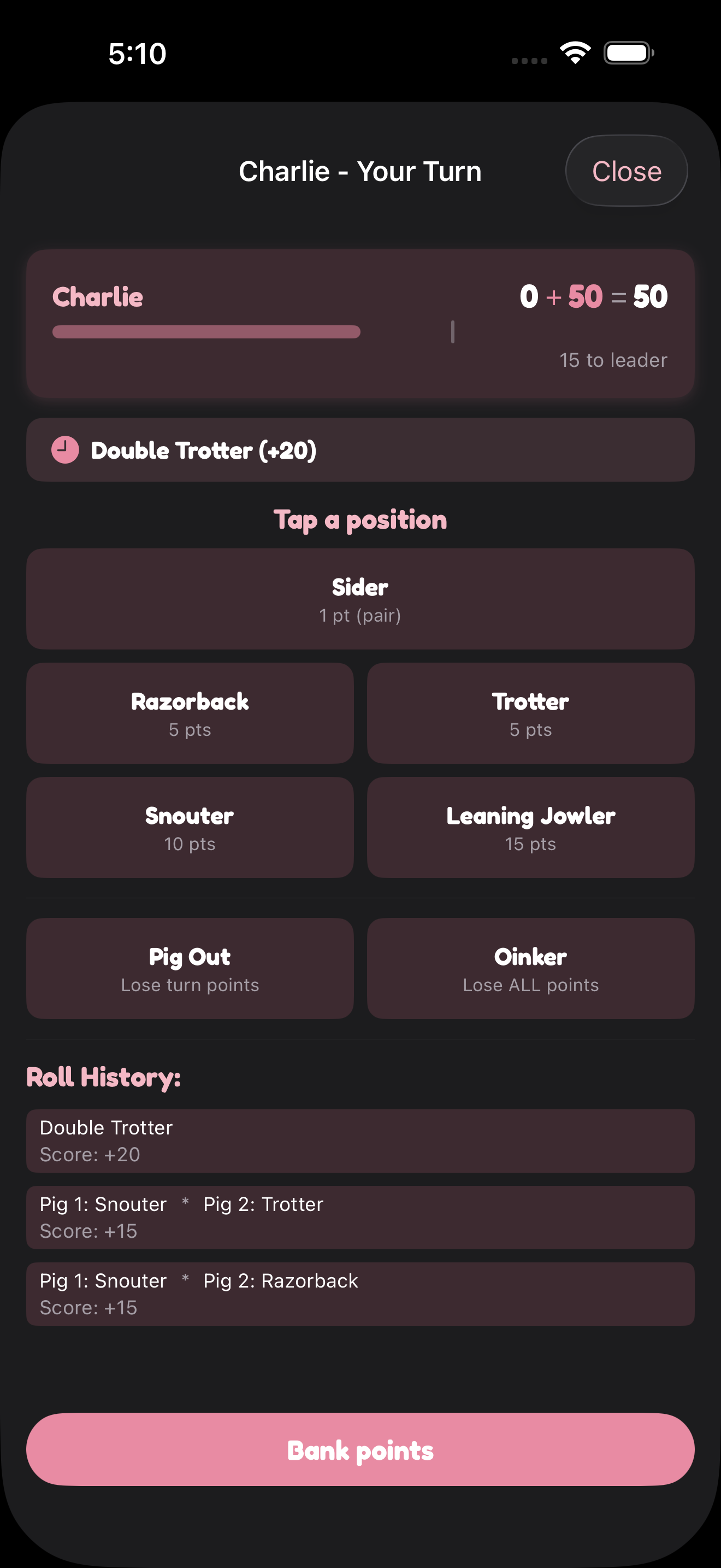 Pass the Pigs score tracker in House Rules app