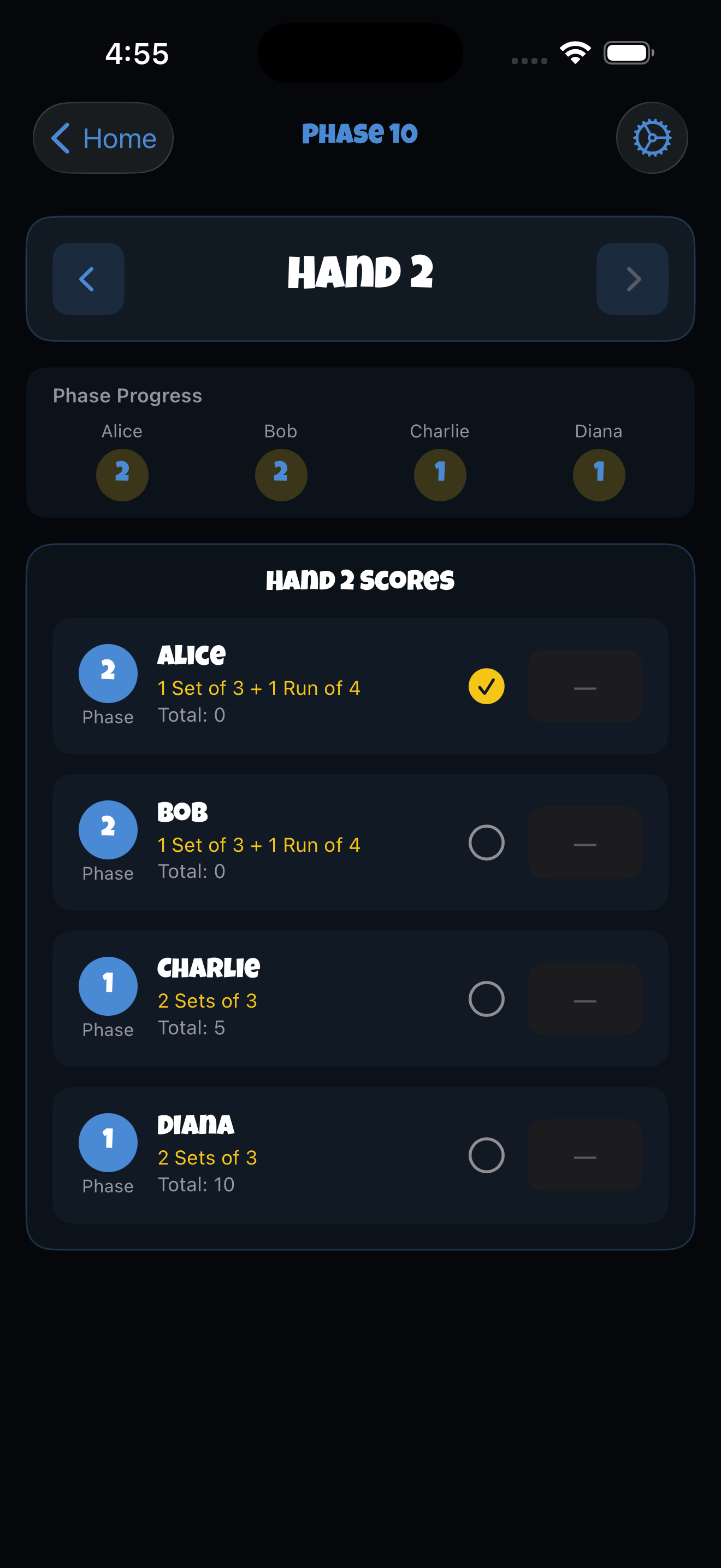 Phase 10 score tracker in House Rules app