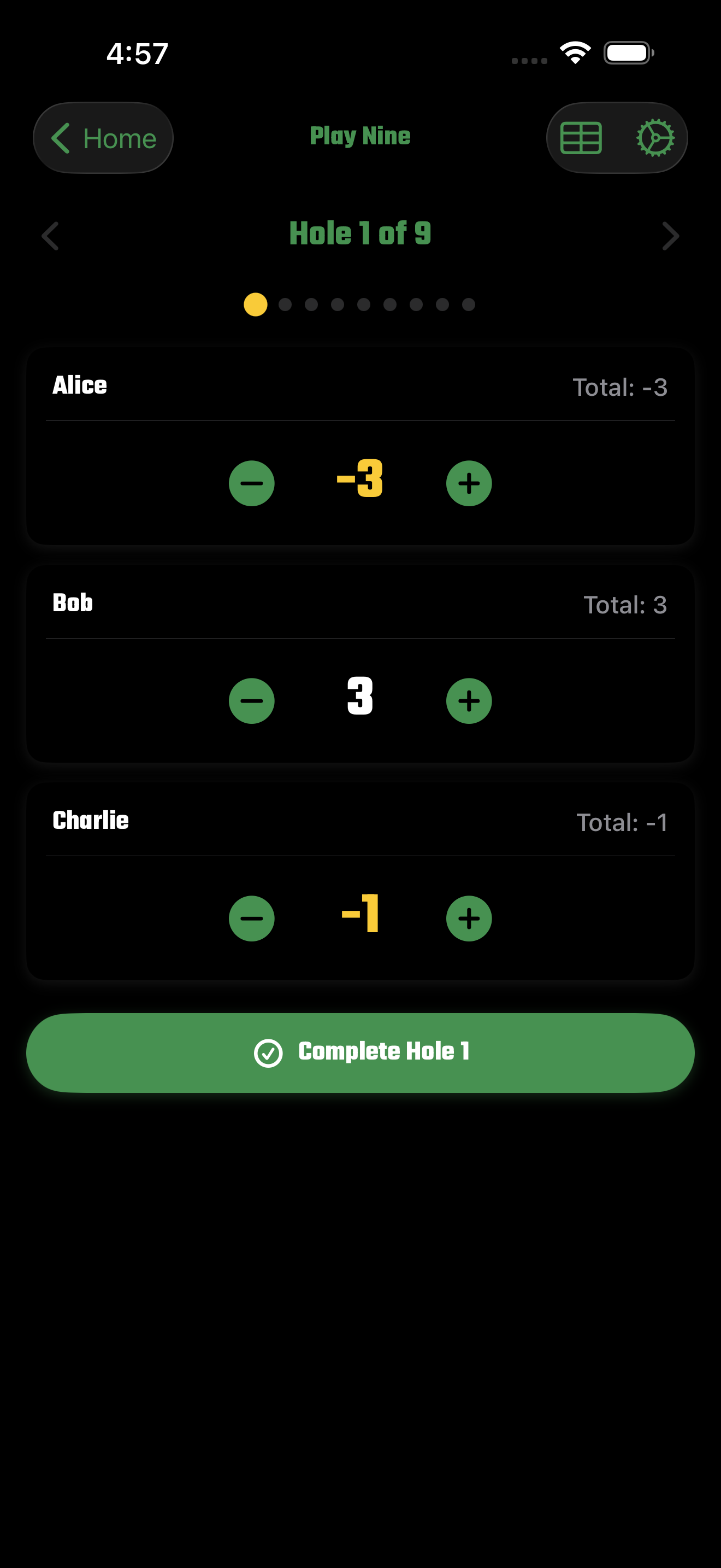 Play Nine scorecard in House Rules app