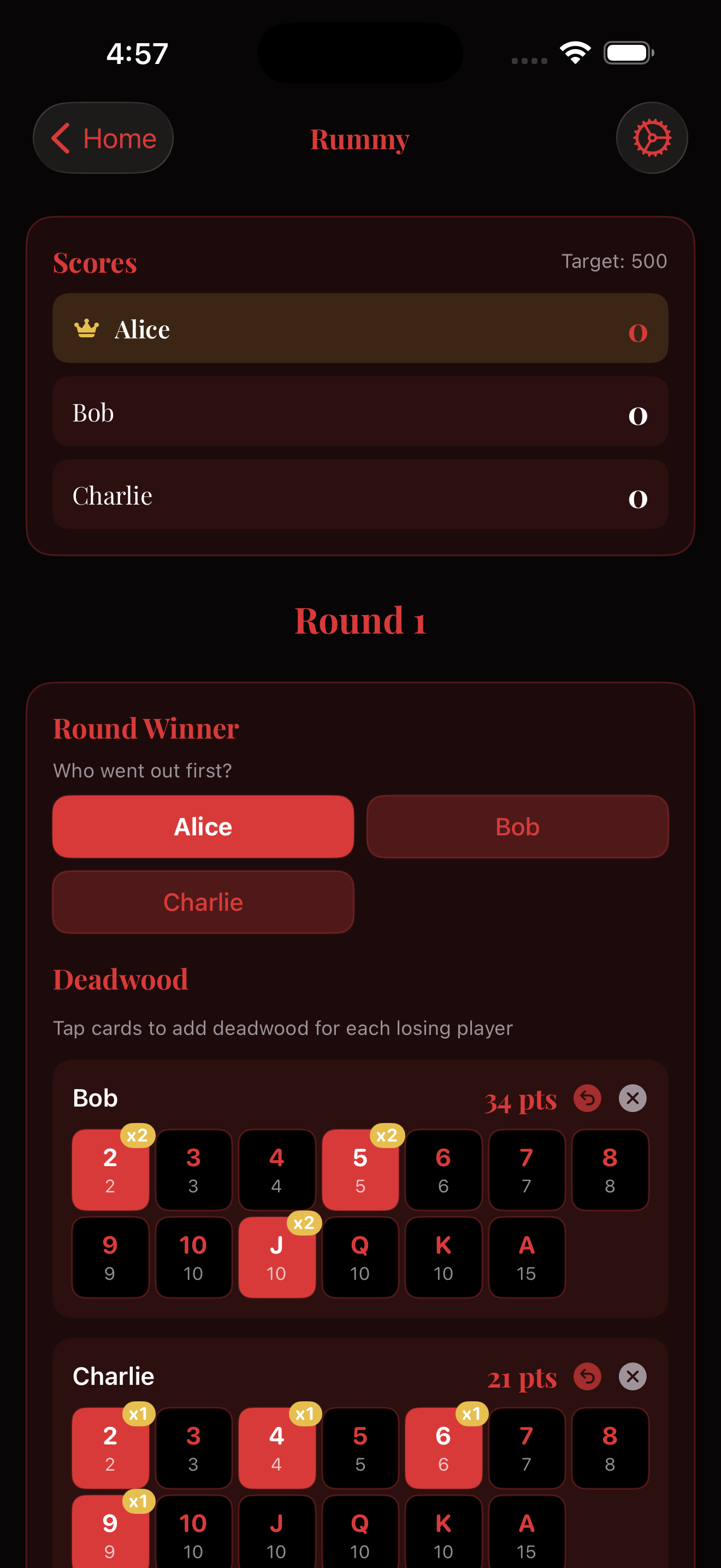 Rummy score tracker in House Rules app