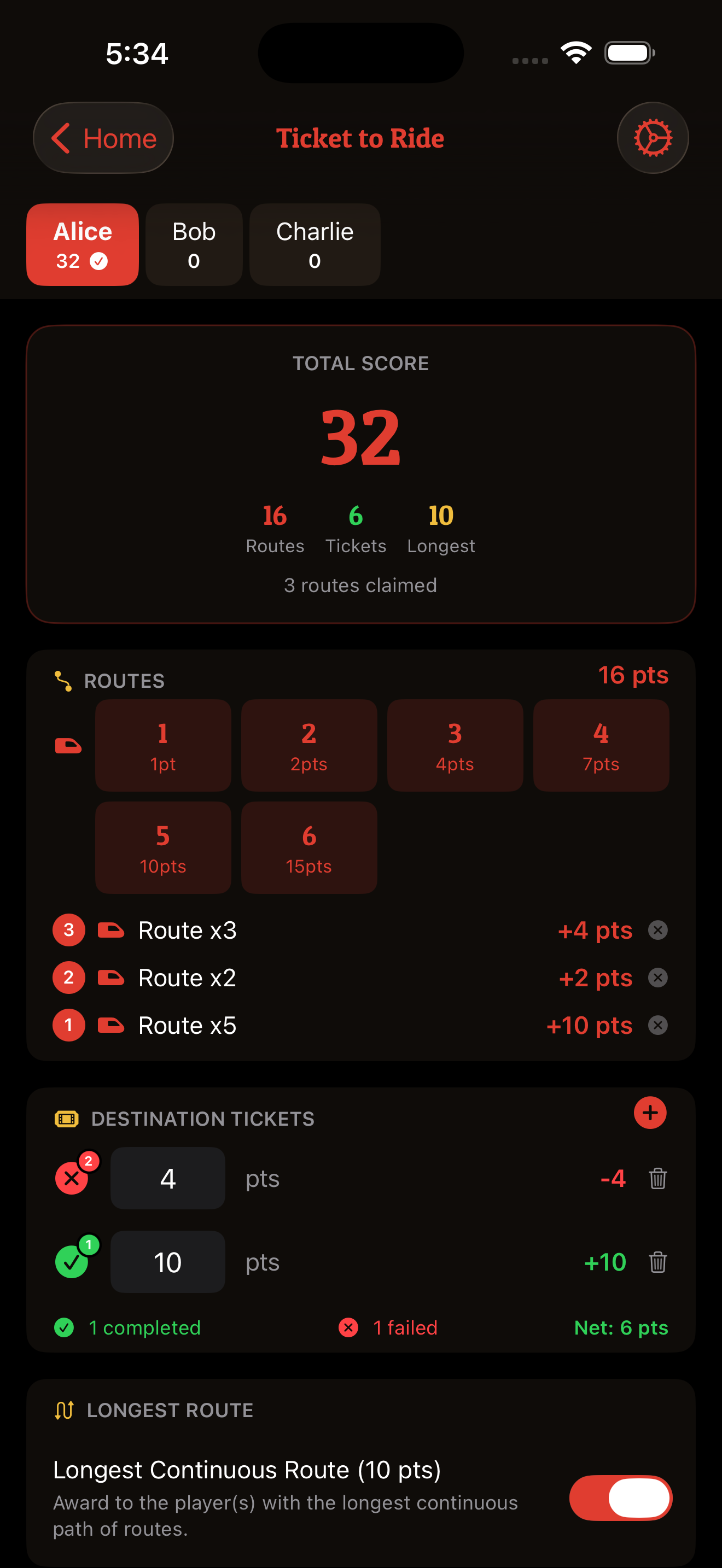 Ticket to Ride score calculator in House Rules app