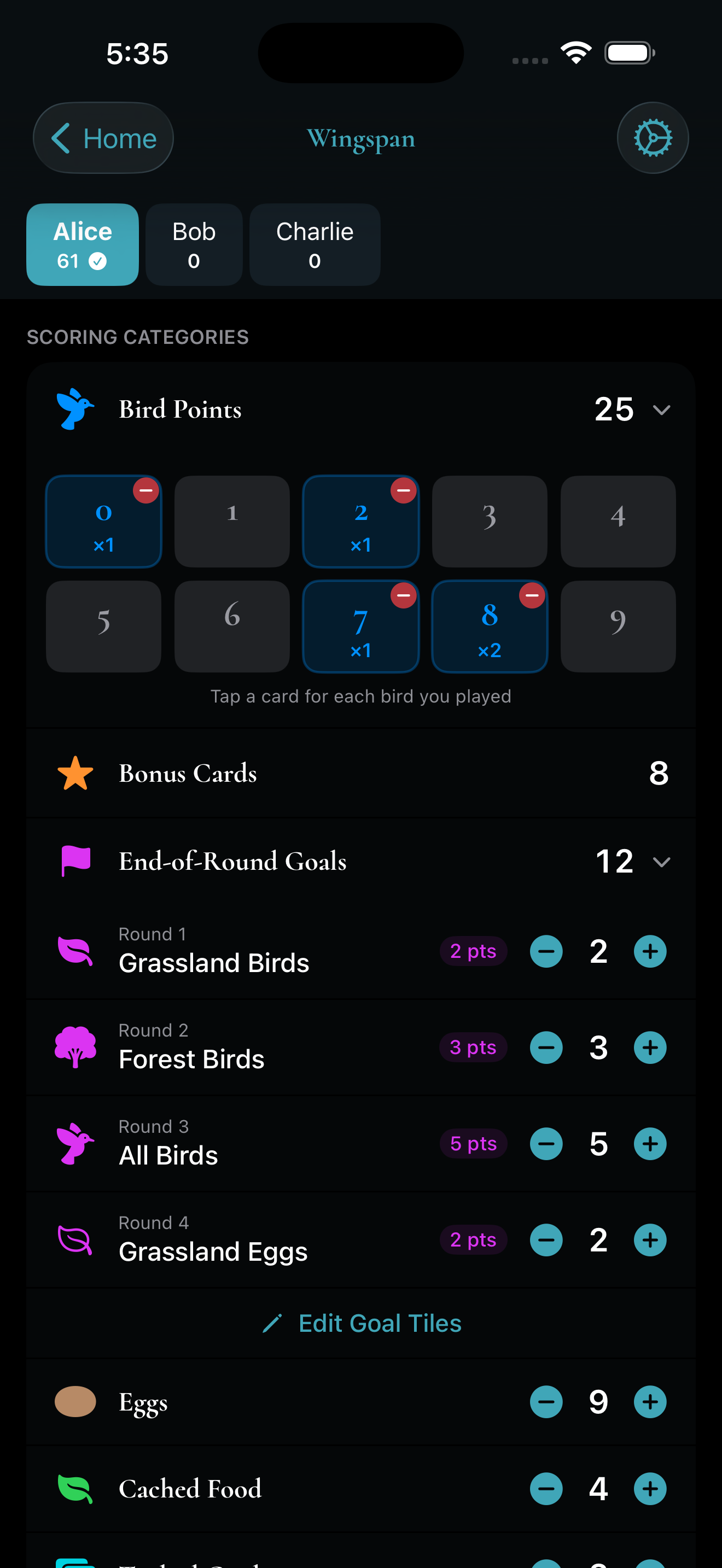 Wingspan score calculator in House Rules app