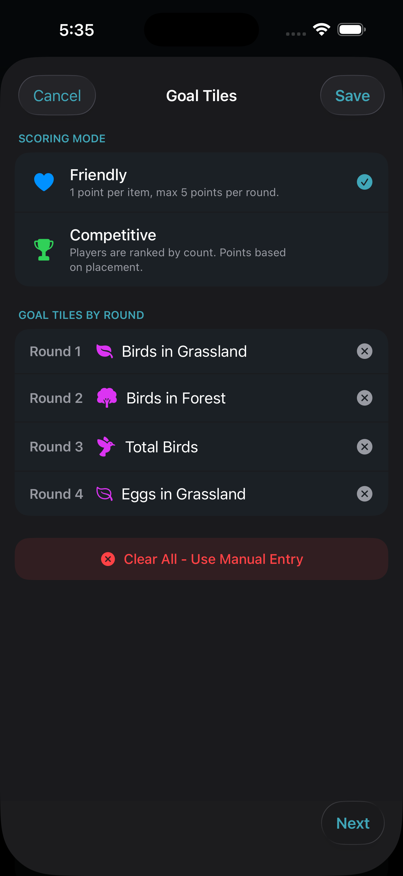 Wingspan round goal tile setup