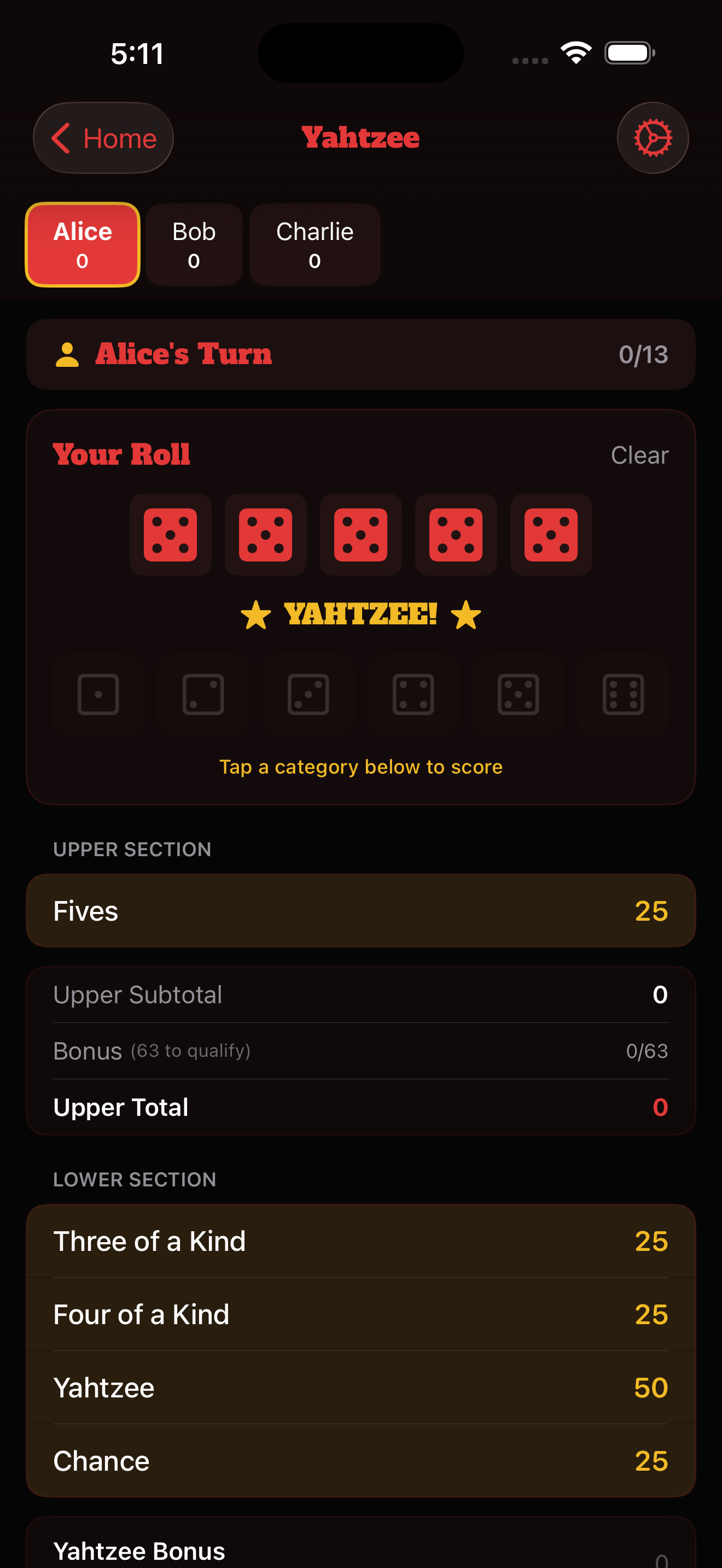 Yahtzee digital scorecard in House Rules app